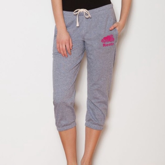Roots Pants - Roots Cropped Sweatpants - White with Pink Logo